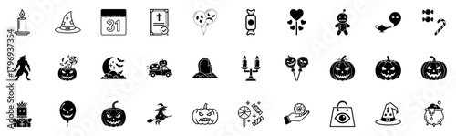 Halloween black & white silhouette and outline icons pack, pumpkins, jack-o’-lanterns, candles, candy, witches’ hats, cauldrons, balloons, tombstones, voodoo dolls, werewolves
