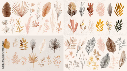 Curated botanical leaves in pastel neutrals—palm, monstera, fern, eucalyptus. Trendy foliage elements for textiles, posters, wallpapers, and modern décor.