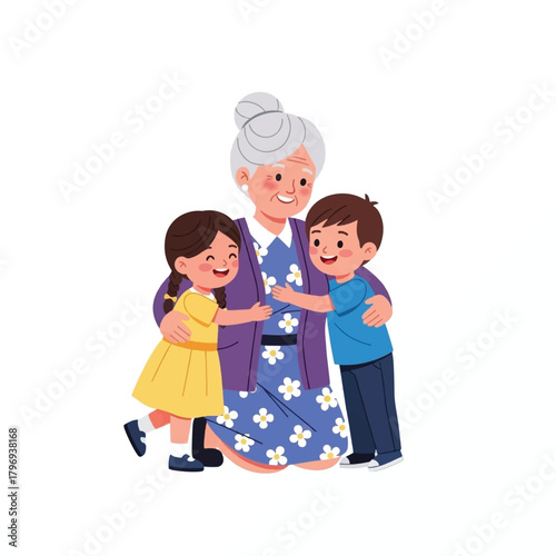 A happy grandmother with grey hair embracing her two smiling grandchildren, a boy and a girl, showing affection.