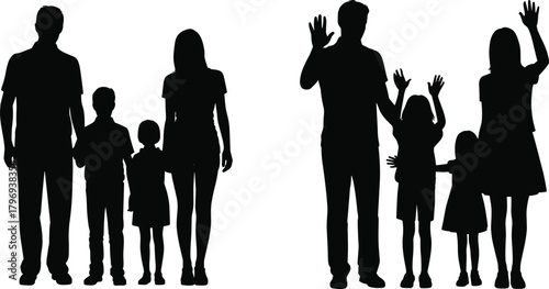 Silhouette of standing family with parents and children together and waving group posing in two different family scenes