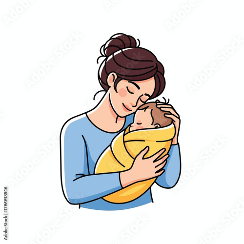 A loving mother gently cradling her newborn baby wrapped in a yellow blanket, showing a tender moment of bonding and affection.