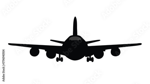 A silhouette of an airplane flying straight on a white background