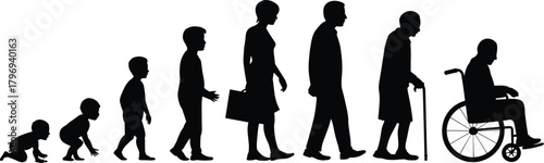 Silhouette progression of human life stages from infancy to old age showing crawling walking adult senior and wheelchair figure