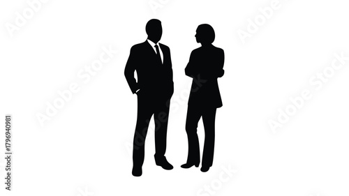 Silhouette of man and woman in suits standing and talking