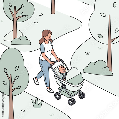 A woman pushing a baby in a stroller along a winding path through a park filled with trees and bushes on a pleasant day.