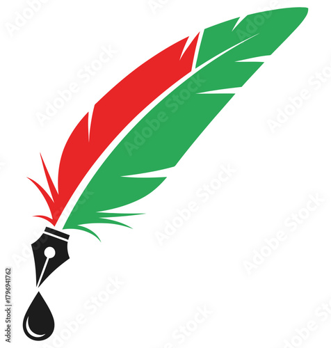 Illustration of a quill pen with ink drop, a symbol of writing and creativity