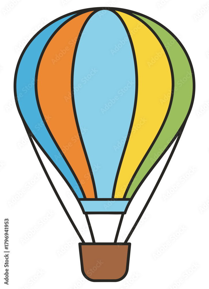 Fototapeta premium Illustration of a colorful hot air balloon with a blue top and orange, yellow and green stripes