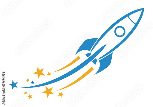 Illustration of a blue and yellow rocket ship taking off with stars