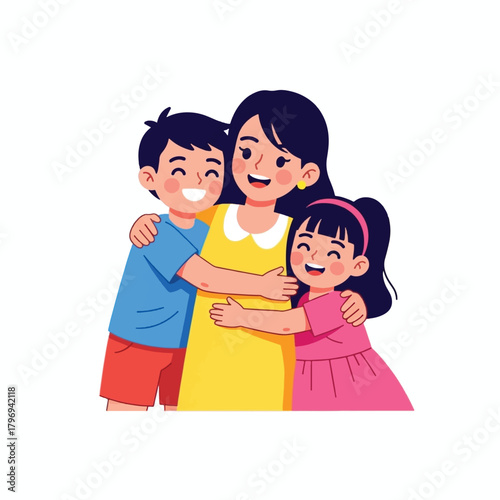 A happy mother embracing her son and daughter with warm smiles, depicting family love and affection.