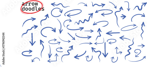 Blue pen arrow collection on checkered paper sheet. Hand drawn crayon various arrows, curved, wavy and straight lines. Direction pointers for notes, doodle and school design. Playful emphasis elements