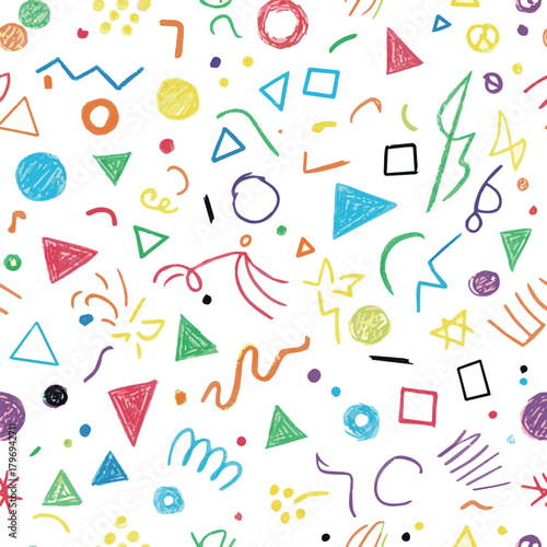 Create Funky crayon drawn geometric shapes and doodle lines. Colorful pencil or chalk drawn naive Swiss design aesthetic. Basic geometric shapes, dots, playful pattern, primitive forms and figures.