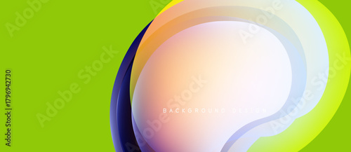 Abstract layers create dynamic, colorful design. Gradient hues blend, forming flowing shapes. Bright green background enhances visual impact.