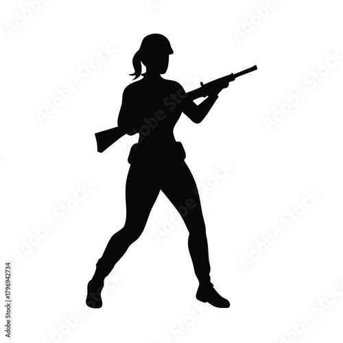 Silhouette of a woman soldier aiming a rifle in a combat stance