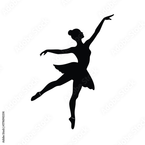 Silhouette of a ballerina in graceful pose against white backdrop