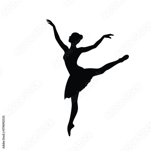A silhouette of a ballerina in a graceful dance pose on white background