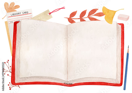 펼쳐진 붉은 표지 책 가을 배경