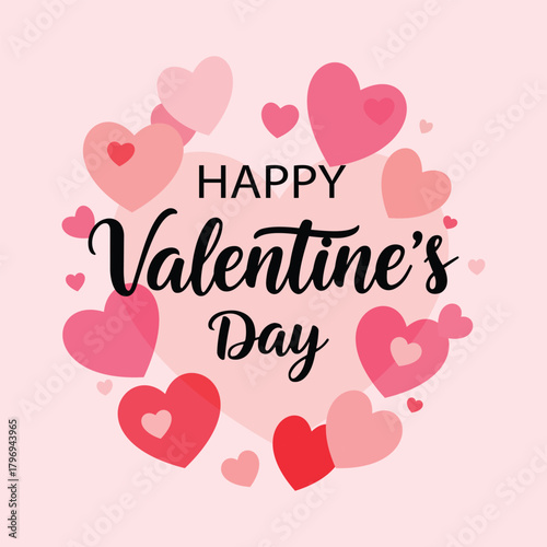 Happy valentines day greeting with pink and red hearts on a light pink background
