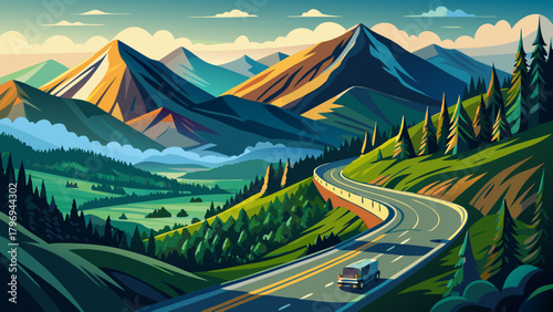 Very beautiful view of the Mount Washington Auto Road winding through the rugged peaks of the White Mountains in New Hampshire, showcasing dramatic slopes, lush alpine greenery, and sweeping high-elev