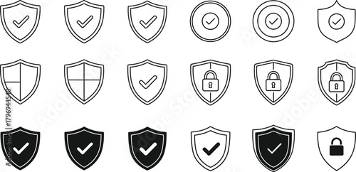 Collection of distressed shield icons representing security protection and verification with checkmarks and locks