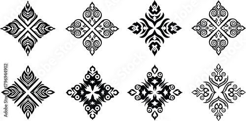 Diamond ornamental design, intricate floral motif, geometric decorative emblem, symmetrical tribal pattern, black and white ornament, cultural artistic vector illustration
