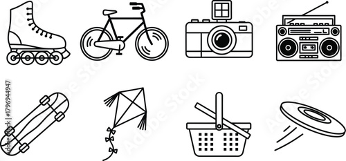 Outdoor recreation equipment icon set in minimal line art