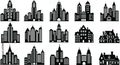 Building silhouette cartoon illustration, symbolic urban architecture and expressive structural icons for design and education