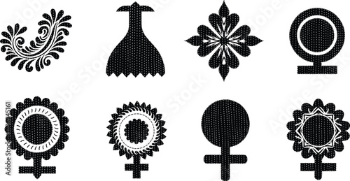 Female gender symbol icons, decorative feminist design, floral pattern, abstract women sign, creative equality art, empowerment illustration, modern vector graphics