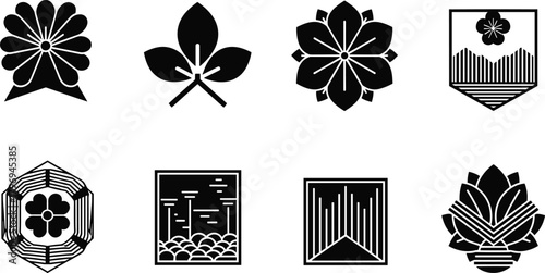 Japanese kamon crest, floral emblem motif, geometric decorative design, traditional black and white symbol, cultural heritage ornament, artistic vector illustration