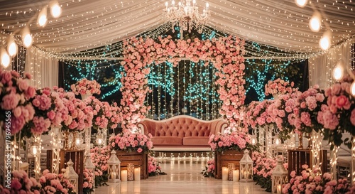A beautiful wedding reception setup with pink flowers, soft lighting, and a romantic atmosphere creating an unforgettable celebration of love