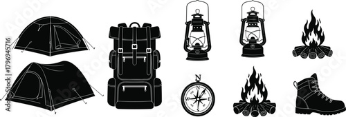 Camping gear silhouette cartoon illustration, expressive outdoor icons and symbolic adventure graphics for design and education
