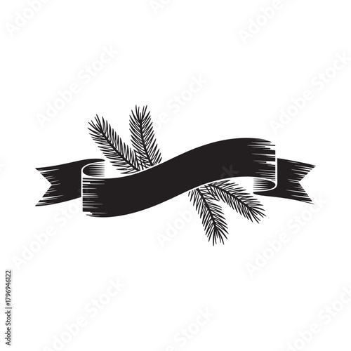 Black brush stroke ribbon with pine needles and wheat stalks