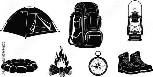 Camping gear silhouette cartoon illustration, expressive outdoor icons and symbolic adventure graphics for design and education