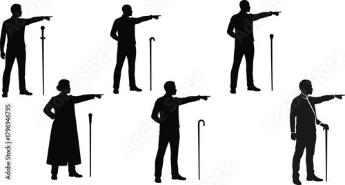 Cane matching gesture silhouettes cartoon illustration, symbolic mobility identity and expressive senior posture artwork for design and education