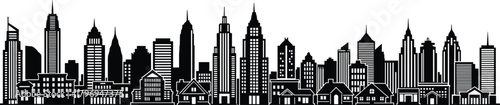 City skyline silhouette cartoon illustration, symbolic urban architecture and expressive metropolitan icons for design and education