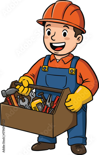 Construction worker cartoon illustration, skilled trades character with toolbox and tools, expressive workforce icon for design and education