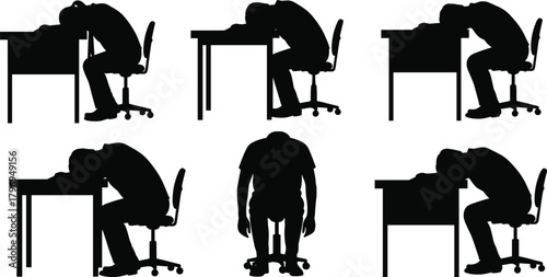 Fatigue and burnout silhouette cartoon illustration, symbolic emotional posture and expressive stress gesture artwork for design and education