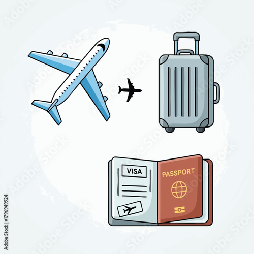 Travel Essentials Airplane Suitcase and Passport