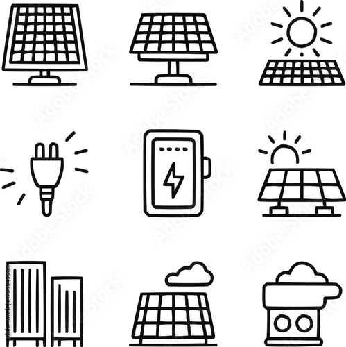 Solar Power System Outline Icons Photovoltaic Panel, Sun Tracker, and Inverter Symbols