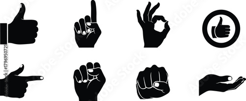 Hand gesture silhouette cartoon illustration, expressive communication icons and symbolic interaction artwork for design and education