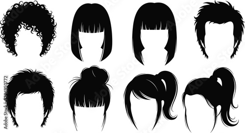 Hairstyle silhouette cartoon illustration, expressive fashion icons and symbolic portrait graphics for design and education