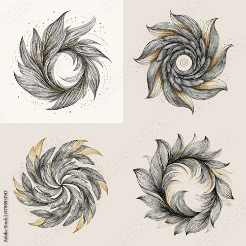 Elegant feather spirals forming circular ornaments in gray and gold. Detailed linework with subtle sparkle for logos, tattoos, packaging, and refined decorative design.