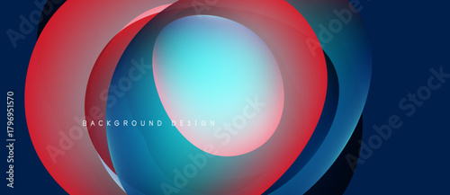 Abstract layered circles, vibrant colors blend. Red, blue, turquoise create dynamic visual effect. Modern design element.