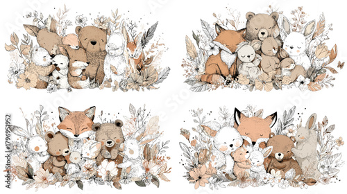 Cute woodland baby animals—fox, bear, rabbit, deer, duck—snuggled among soft foliage. Gentle nursery illustration for kids decor, invitations, and storybook themes.