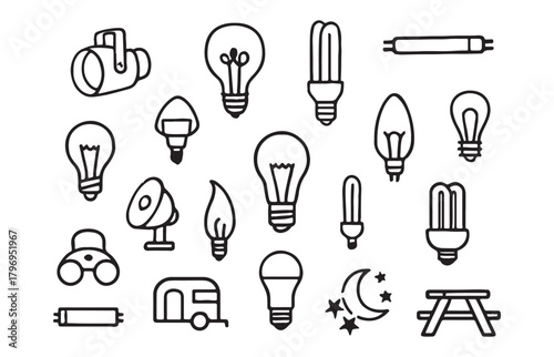 Collection of hand drawn doodle style light bulb icons and related objects for illumination and design concepts
