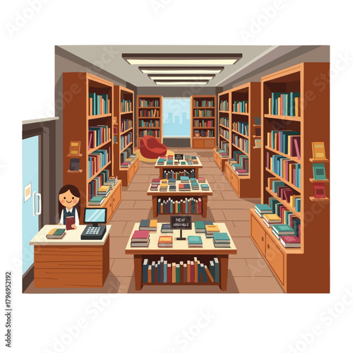 Modern Library Interior with Shelves and Reading Tables
