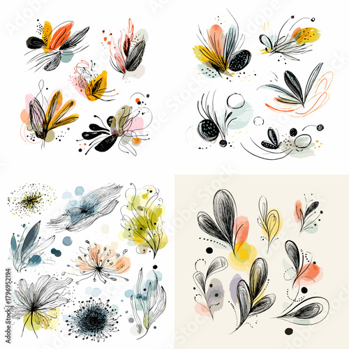Modern abstract floral brush elements with ink splashes, soft pastels, and bold black accents. Playful botanical shapes for patterns, branding, posters, and creative layouts.