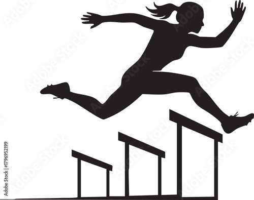 Silhouette of female athlete jumping over hurdles, track and field vector illustration