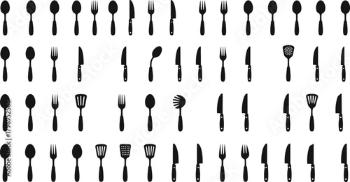 Kitchen cutlery silhouette cartoon illustration, symbolic cooking tools and expressive culinary icons for design and education