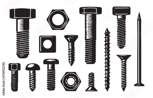 Collection of various metal fasteners including bolts nuts screws and a nail isolated on a white background