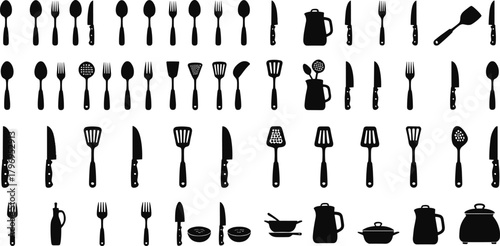 Kitchen utensil silhouette cartoon illustration, symbolic cooking tools and expressive culinary icons for design, decor, and education